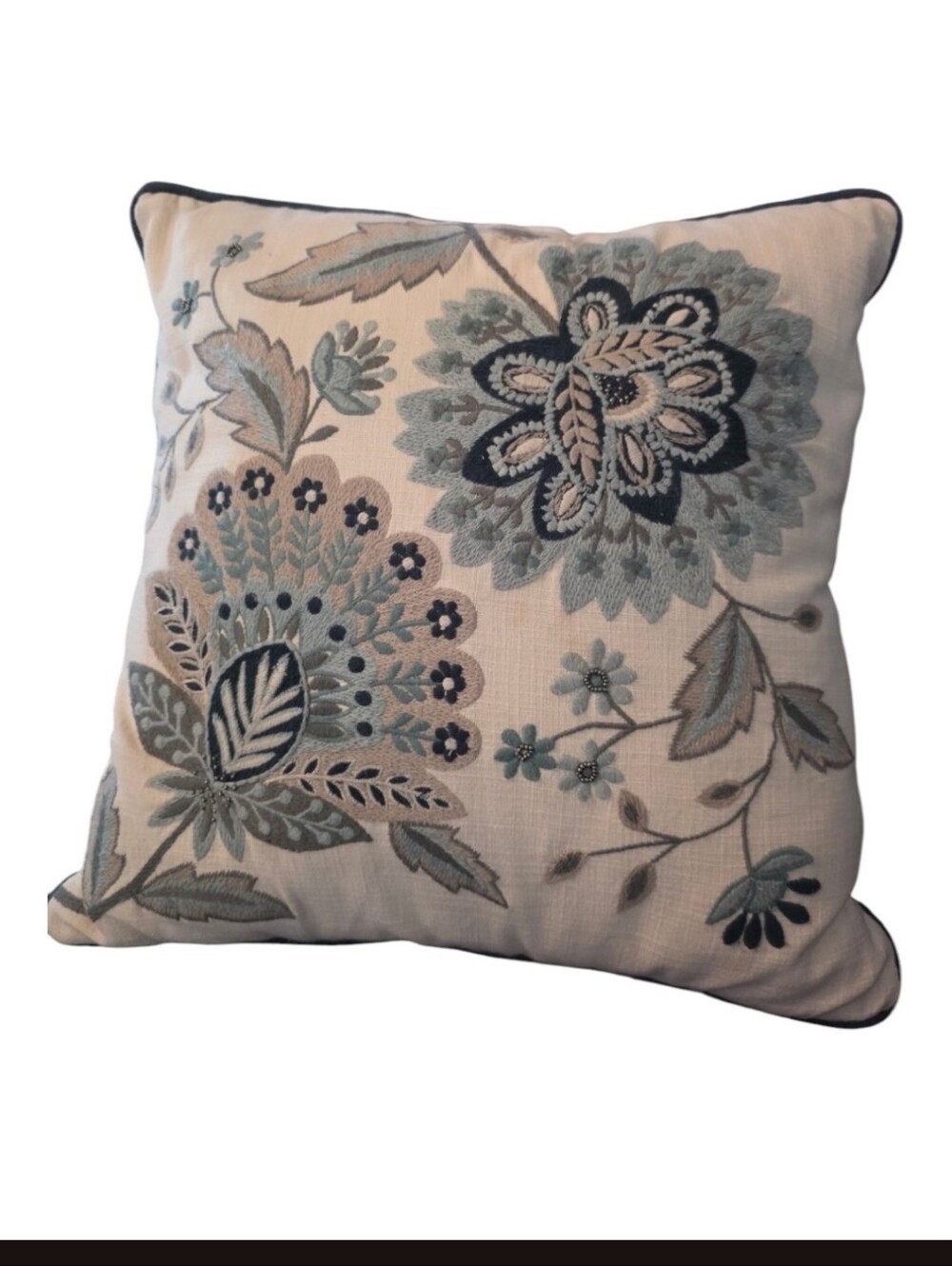 Barely Used Beaded Embroidered Floral Accent Pillow in Light Blue and Oatmeal - Picture 3 of 9